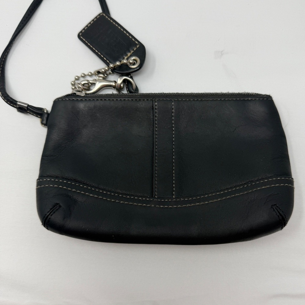 Coach Black Leather Wristlet Small Pouch Bag Silver Hardware Contrast Stitch